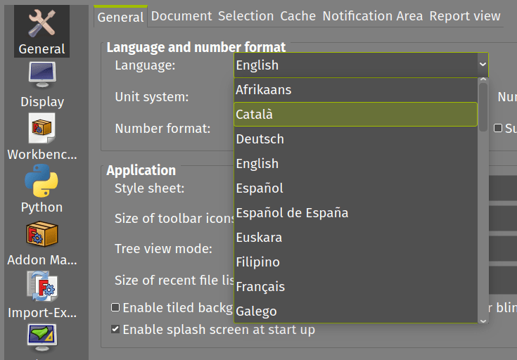 FreeCAD language dropdown FreeCAD language dropdown